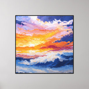 Sunset Ocean Waves with Fiery Sky Abstract Wall Canvas Print