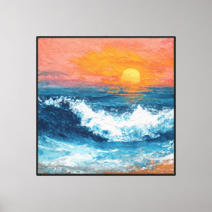 Sunset Ocean Waves with Golden Glow Abstract Wall  Canvas Print