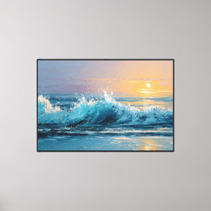 Sunset Ocean Waves with Golden Sky Abstract Wall  Canvas Print
