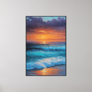 Sunset Ocean Waves with Purple Sky – Abstract Wall Canvas Print