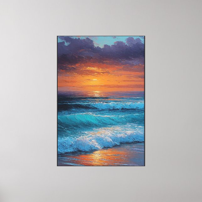 Sunset Ocean Waves with Purple Sky – Abstract Wall Canvas Print (Front)