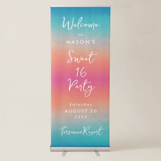 Sunset Ombre Turquoise to Pink Welcome Retractable Banner (Front)