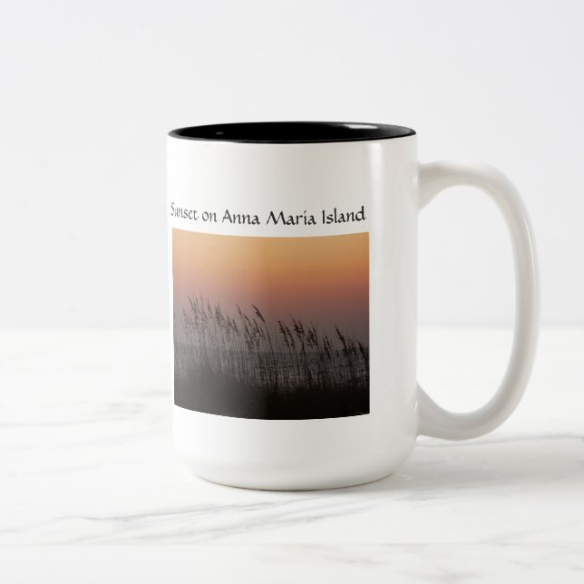 Sunset on Anna Maria Island, sunset thru sea oats Two-Tone Coffee Mug (Right)