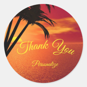 Sunset on Beach Palm Tree Thank You Personalize Classic Round Sticker
