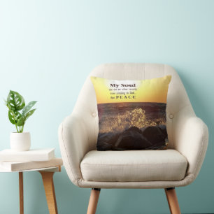 Sunset On Beach Rocks With Quote Throw Pillow