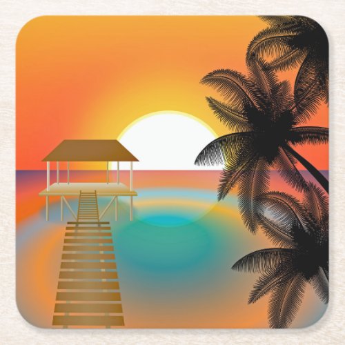 Sunset on Beach with Palm Trees  Square Paper Coaster