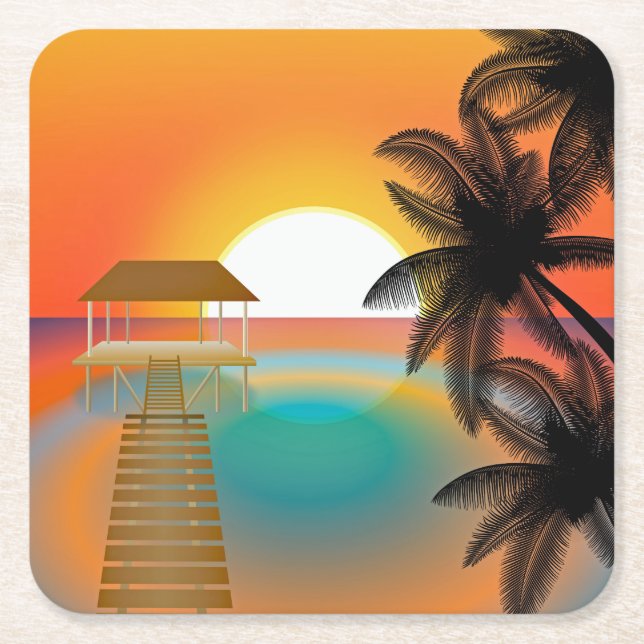 Sunset on Beach with Palm Trees  Square Paper Coaster (Front)