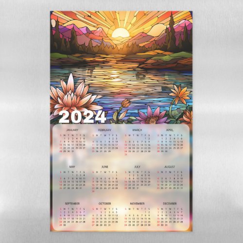 Sunset on Flowery Pond Stained Glass 2024 Calendar Magnetic Dry Erase Sheet