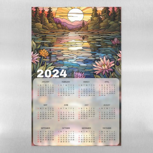 Sunset on Flowery Pond Stained Glass 2024 Calendar Magnetic Dry Erase Sheet