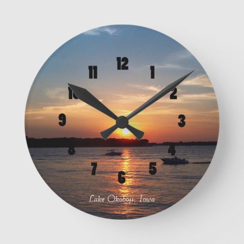 Sunset on Lake Okoboji Iowa Round Clock