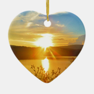 Sunset on mountain Lake Arrowhead Ceramic Ornament