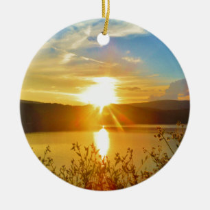 Sunset on mountain Lake Arrowhead Ceramic Ornament