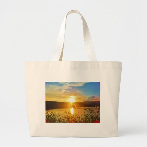 Sunset on mountain Lake Arrowhead Large Tote Bag