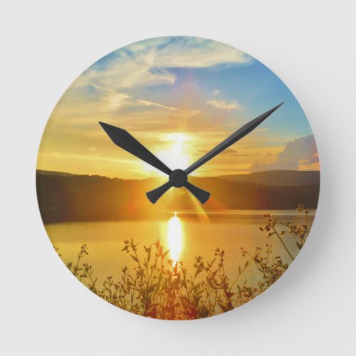 Sunset on mountain Lake Arrowhead Round Clock
