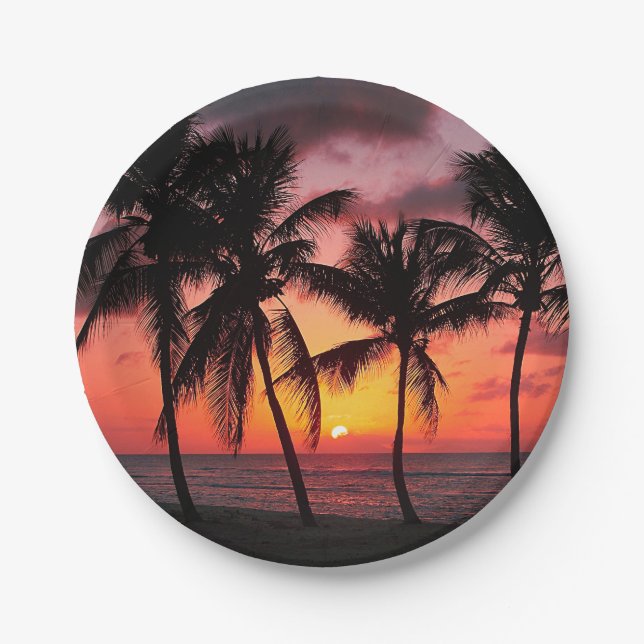 Sunset On Paradise Island Beach Paper Plates (Front)