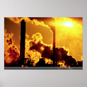 Sunset on pulp mill accentuates the air pollution poster
