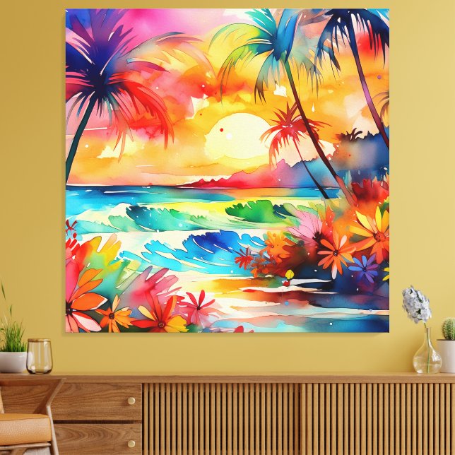 Sunset on the beach watercolor scene canvas print (Insitu(LivingRoom))