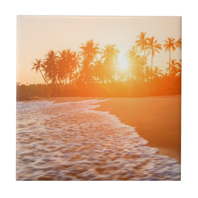 Sunset on the Beach with Coconut Palms | Sri Lanka Ceramic Tile (Front)