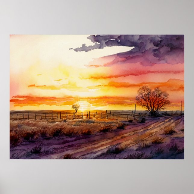 Sunset On The Prairie Watercolor Poster (Front)