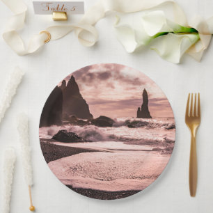 Sunset on the Reynisfjara black sand beach, Icelan Paper Plates