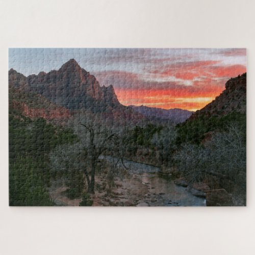 Sunset on Watchman and Virgin River in Zion Jigsaw Puzzle