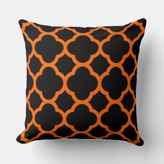 Sunset Orange and Black Quatrefoil Pattern Throw Pillow (Front)