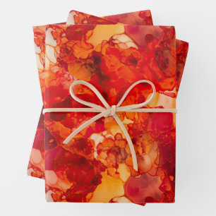 Sunset Orange and Red with Rose Gold Alcohol Ink Wrapping Paper Sheets