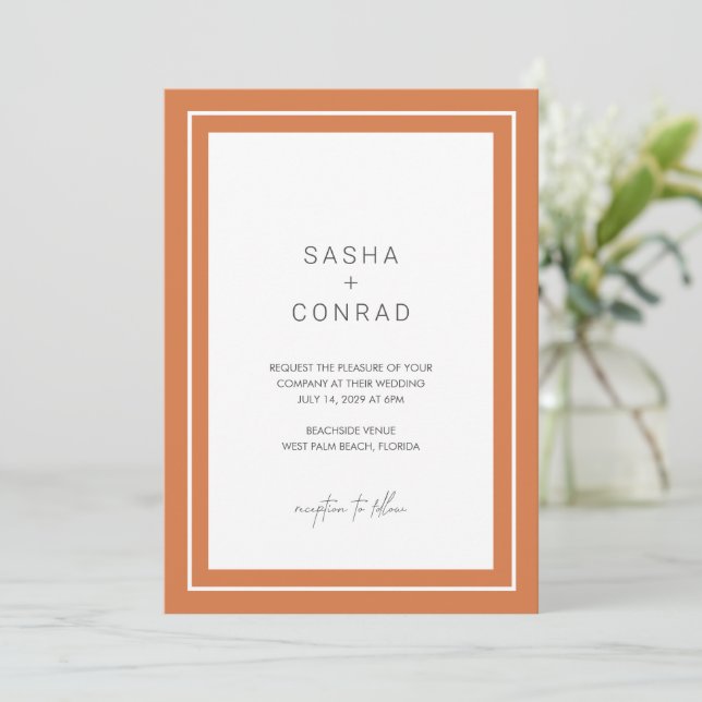 Sunset Orange Bold Border Modern Wedding Invitation (Standing Front)