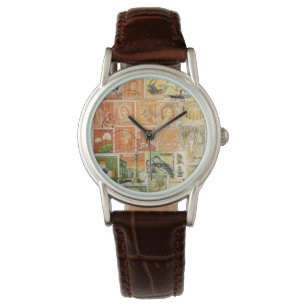 Sunset Orange Green Wristwatch, Postage Stamp Art Watch
