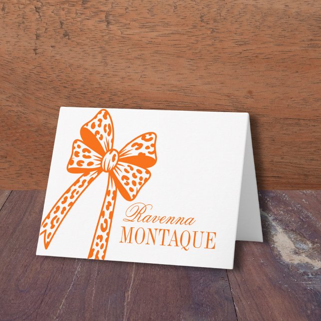 Sunset Orange Leopard Bow Handwritten Name Party Note Card (Creator Uploaded)