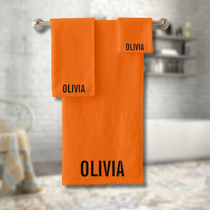 Sunset Orange Modern Name   Trendy Minimalist  Bath Towel Set