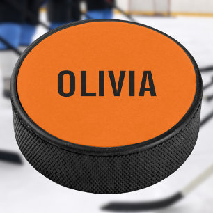 Sunset Orange Modern Name Trendy Minimalist Hockey Puck