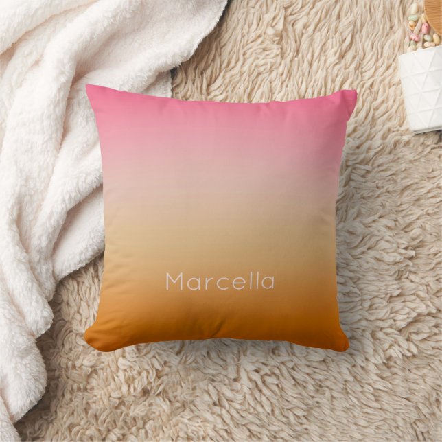 Sunset Orange Pink Ombré Custom Name Throw Pillow (Blanket)
