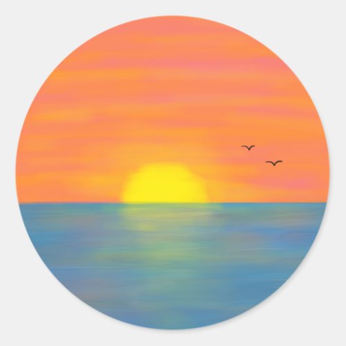Sunset Orange Pink Yellow Blue Ocean Painting Classic Round Sticker