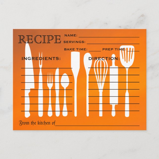Sunset Orange Retro Recipe Card Kitchen Tools (Front)