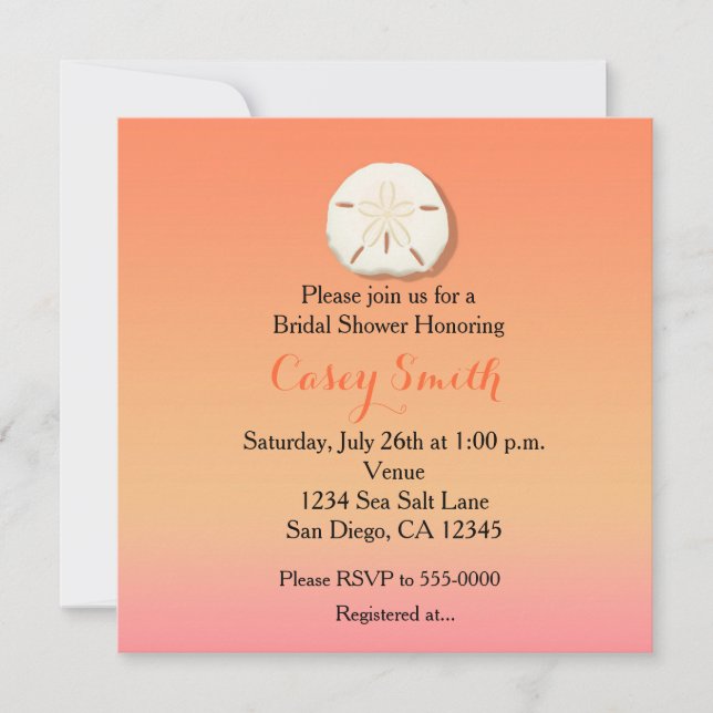 Sunset Orange Sand Dollar Bridal Shower Invitation (Front)