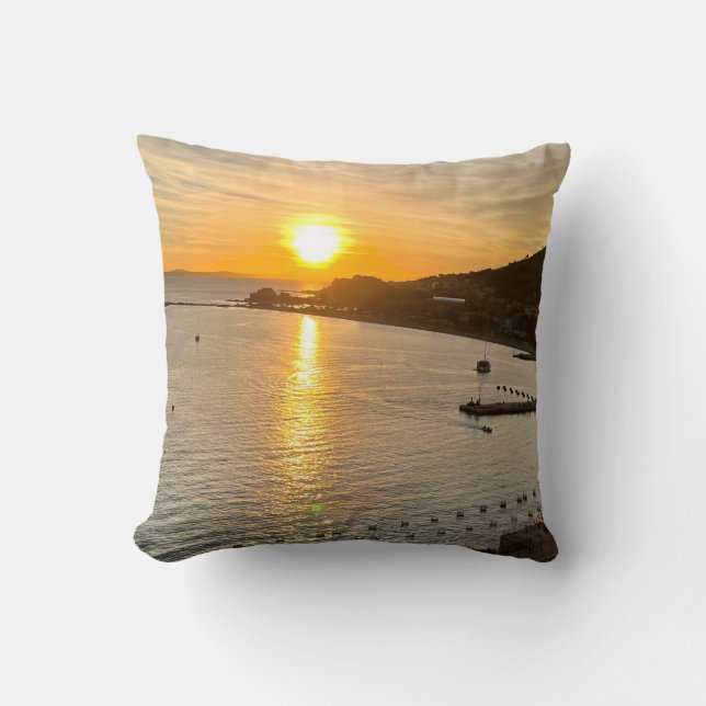 Sunset Orange Sky, sea and mountains Throw Pillow (Front)