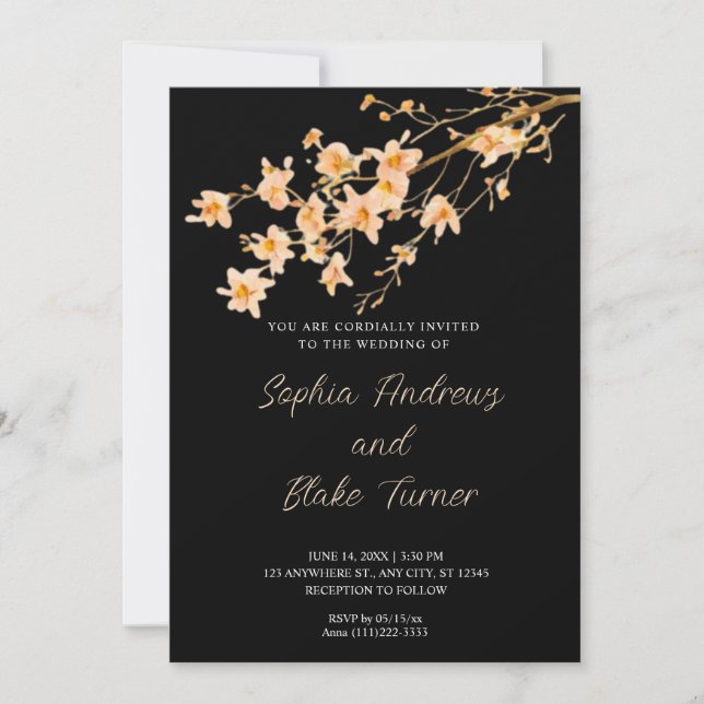 Sunset Orange Wildflowers Simple Black Wedding Invitation (Front)