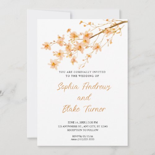 Sunset Orange Wildflowers Simple White Wedding  Invitation