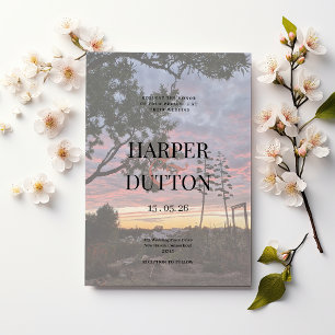 Sunset orange yellow beautiful countryside wedding invitation