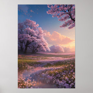 Sunset over a Blossoming Meadow Poster
