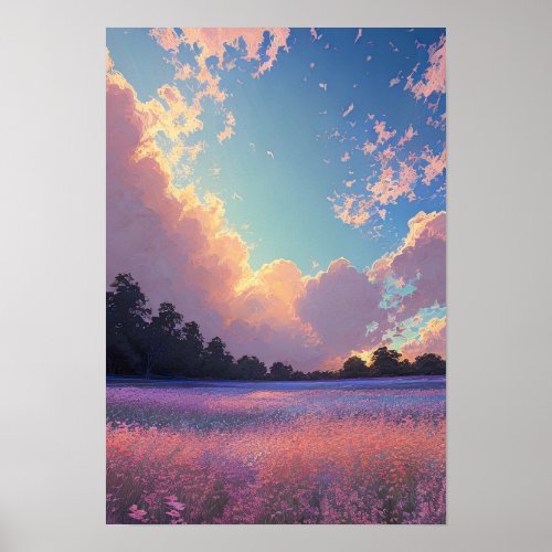 Sunset Over a Field of Pink and Blue Flowers Poster