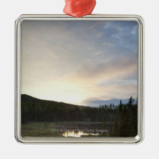 Sunset Over A Misty Pond Metal Ornament