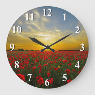 Sunset Over A Red Poppy Field Large Clock