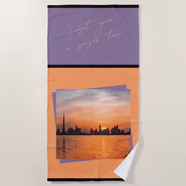 Sunset over a seaside town - Art  Beach Towel (Front)