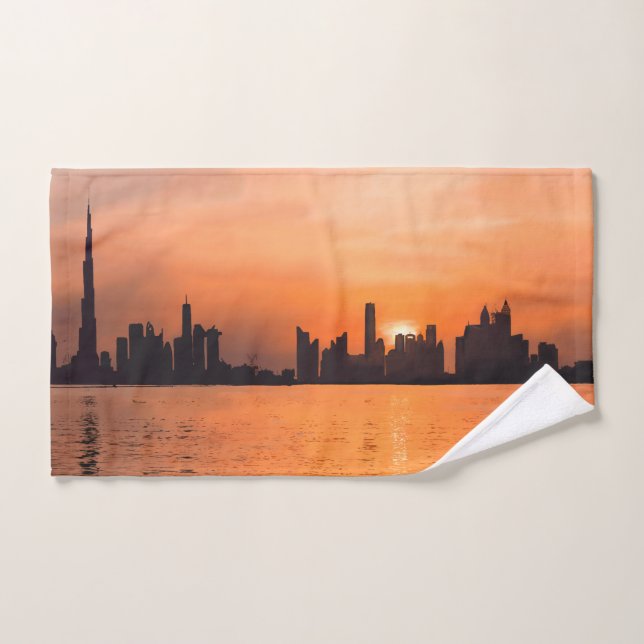 Sunset over a seaside town - watercolor hand towel  (Hand Towel)