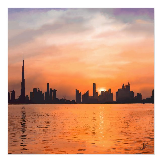 Sunset over a seaside town - watercolor photo print (Front)