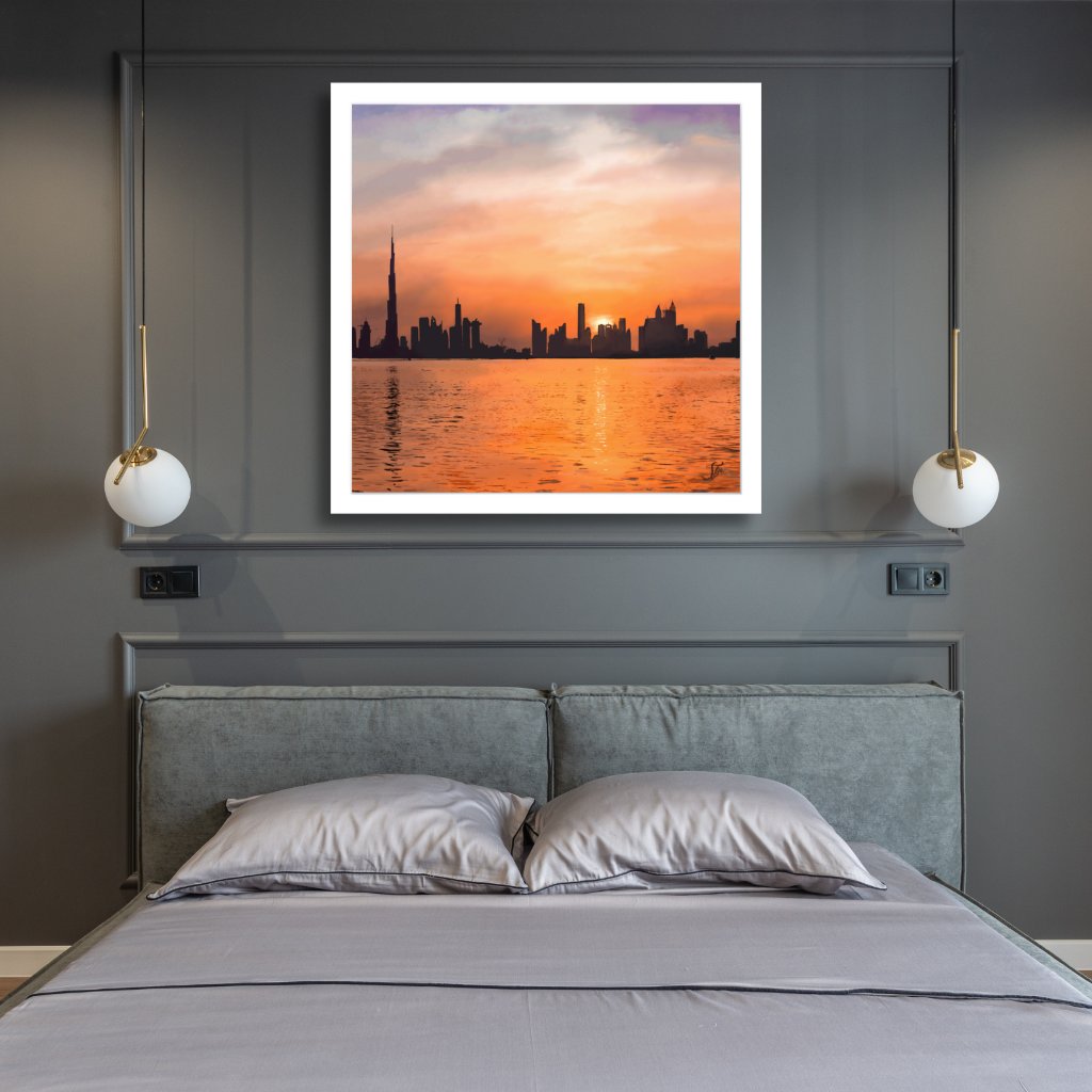 Sunset over a seaside town - watercolor