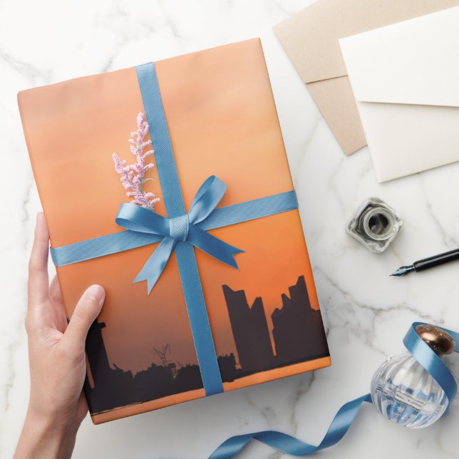 Sunset over a seaside town - watercolor wrapping paper (Gifting)