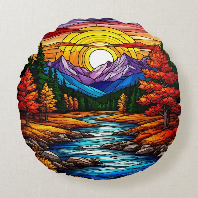 Sunset Over a Serene Mountain Stream Round Pillow (Front)